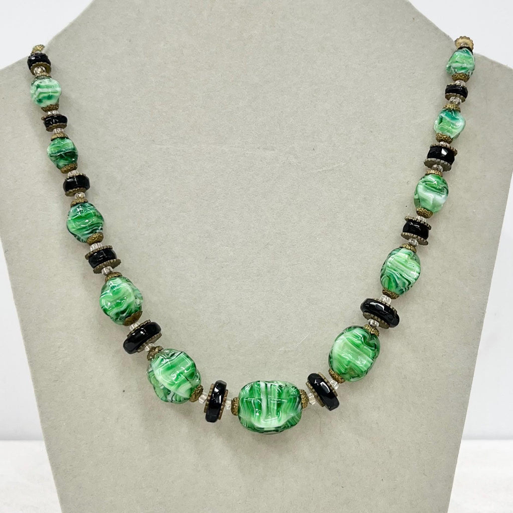 Art Deco 1930’s Green Striated & Black Glass Beaded Necklace Vintage Jewellery 17” Long with a 2” Extender Chain MillyOliverVintage