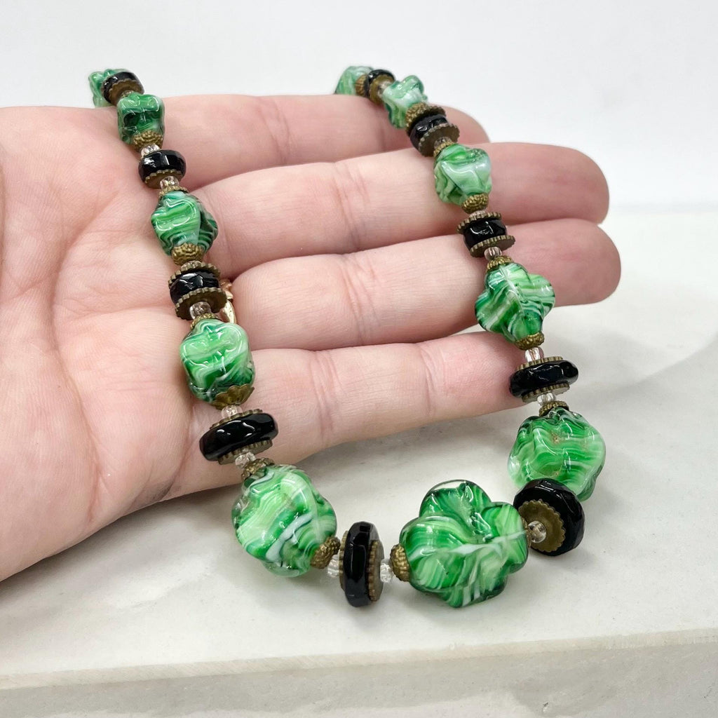 Art Deco 1930’s Green Striated & Black Glass Beaded Necklace Vintage Jewellery 17” Long with a 2” Extender Chain MillyOliverVintage