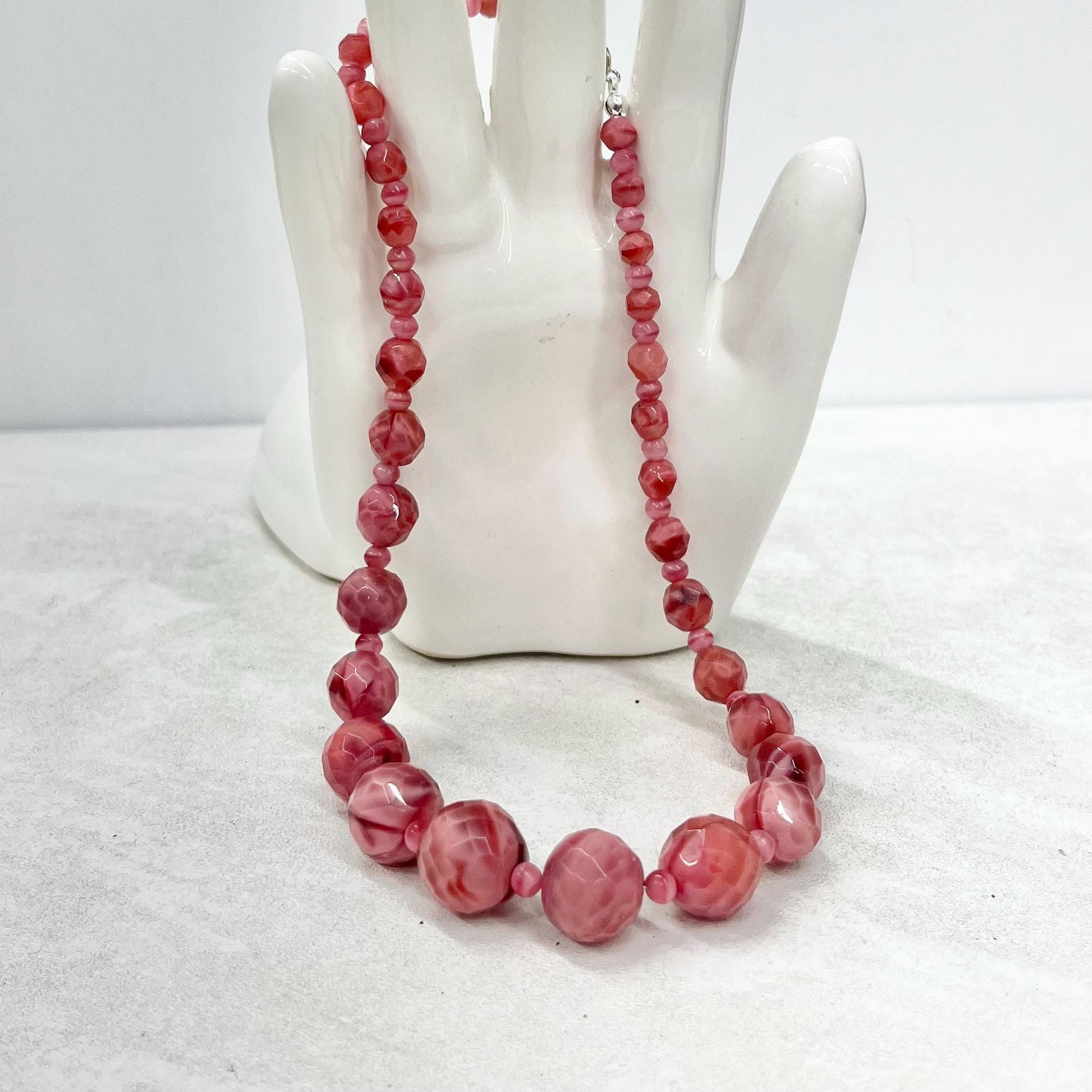 Vintage Art Deco 1930’s Pink Satin Glass Faceted Graduated Bead Necklace 16” Long MillyOliverVintage