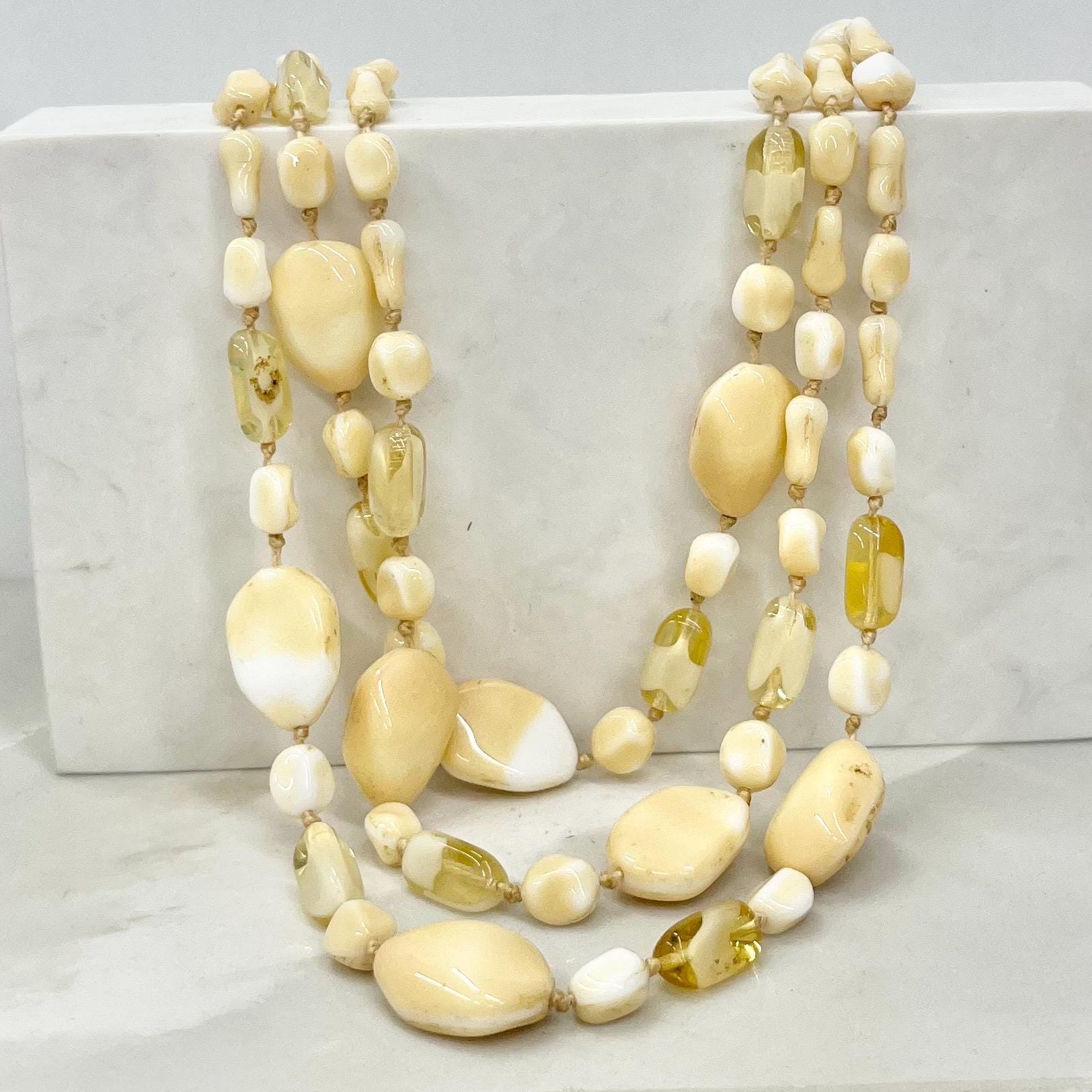 Vintage 1960’s Three Strand Czech Glass Bead Necklace in Cream & Yellow Tones Vintage Jewellery 16.5” MillyOliverVintage