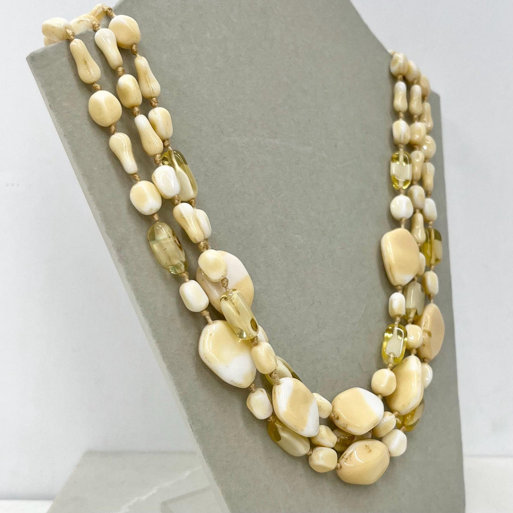 Vintage 1960’s Three Strand Czech Glass Bead Necklace in Cream & Yellow Tones Vintage Jewellery 16.5” MillyOliverVintage
