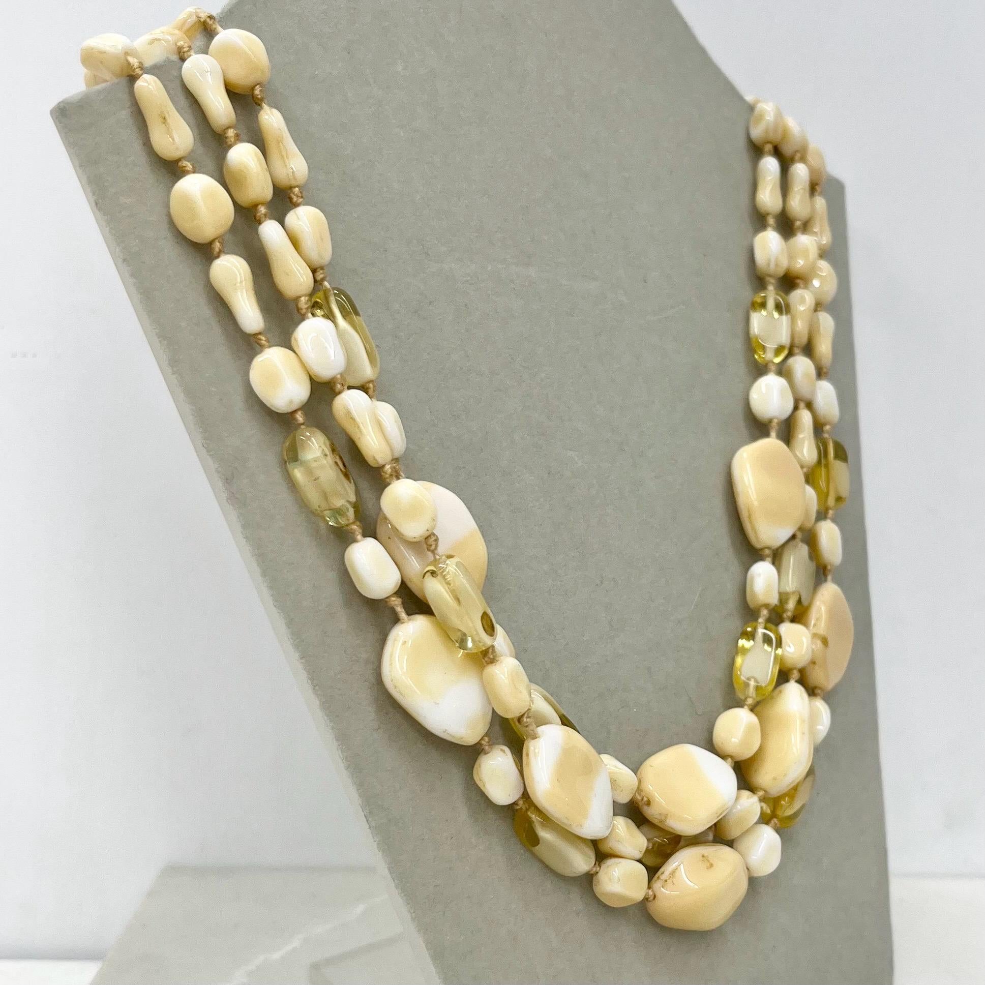 Vintage 1960’s Three Strand Czech Glass Bead Necklace in Cream & Yellow Tones Vintage Jewellery 16.5” MillyOliverVintage