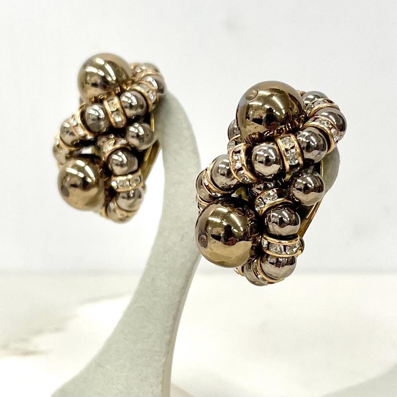 Vintage Chunky Bronze Tone Faux Pearl & Diamanted Clip On Earrings MillyOliverVintage