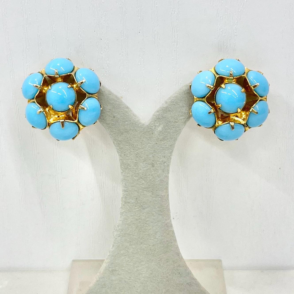 Vintage Faux Turquoise Blue Round Cluster Clip On Earrings Gold Plated Hollywood Glamour MillyOliverVintage