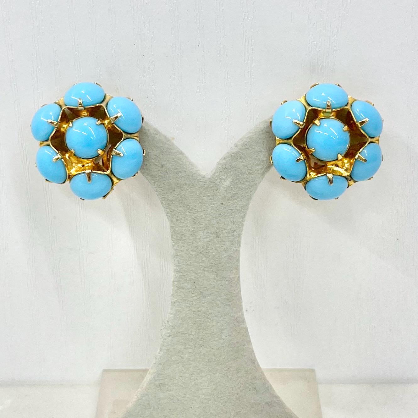 Vintage Faux Turquoise Blue Round Cluster Clip On Earrings Gold Plated Hollywood Glamour MillyOliverVintage