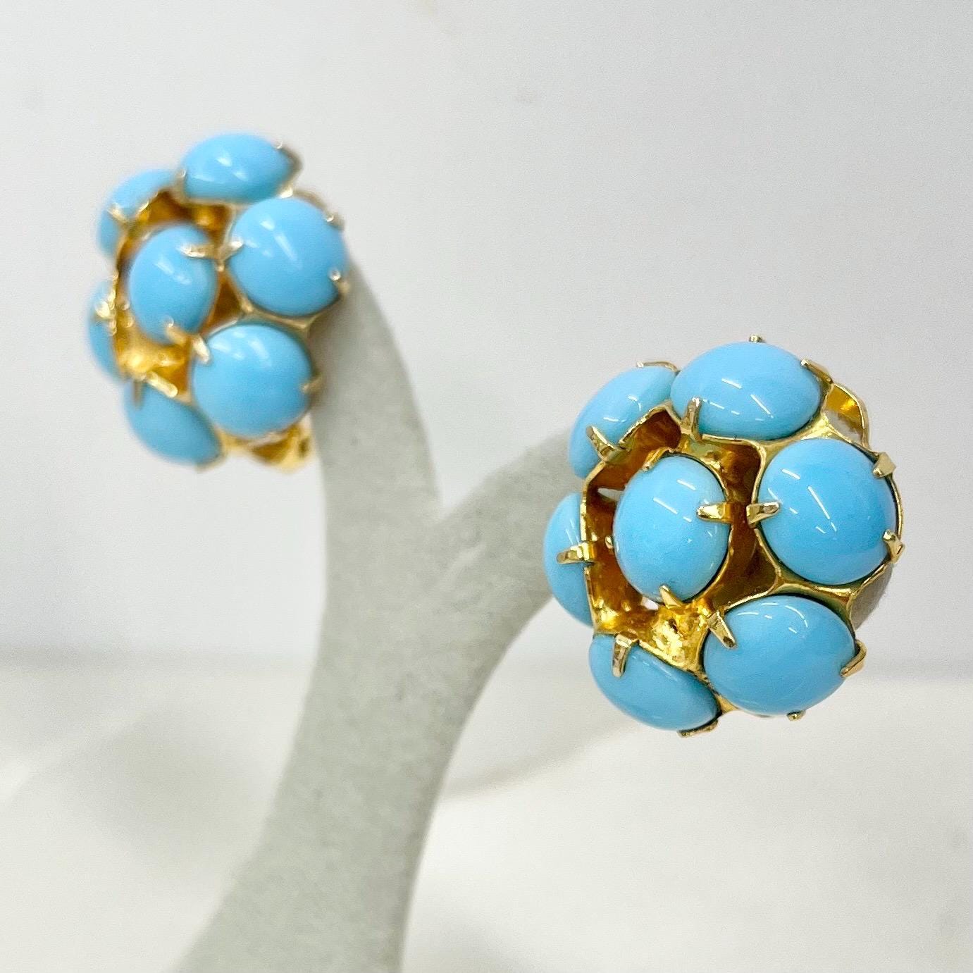 Vintage Faux Turquoise Blue Round Cluster Clip On Earrings Gold Plated Hollywood Glamour MillyOliverVintage