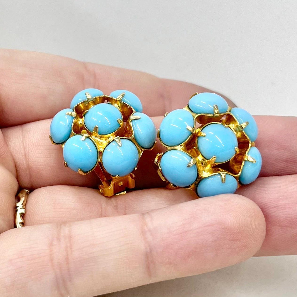 Vintage Faux Turquoise Blue Round Cluster Clip On Earrings Gold Plated Hollywood Glamour MillyOliverVintage