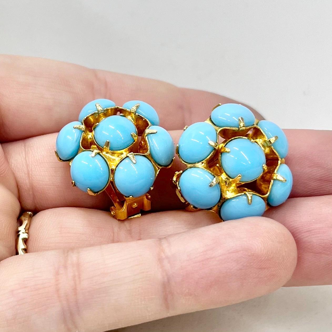 Vintage Faux Turquoise Blue Round Cluster Clip On Earrings Gold Plated Hollywood Glamour MillyOliverVintage