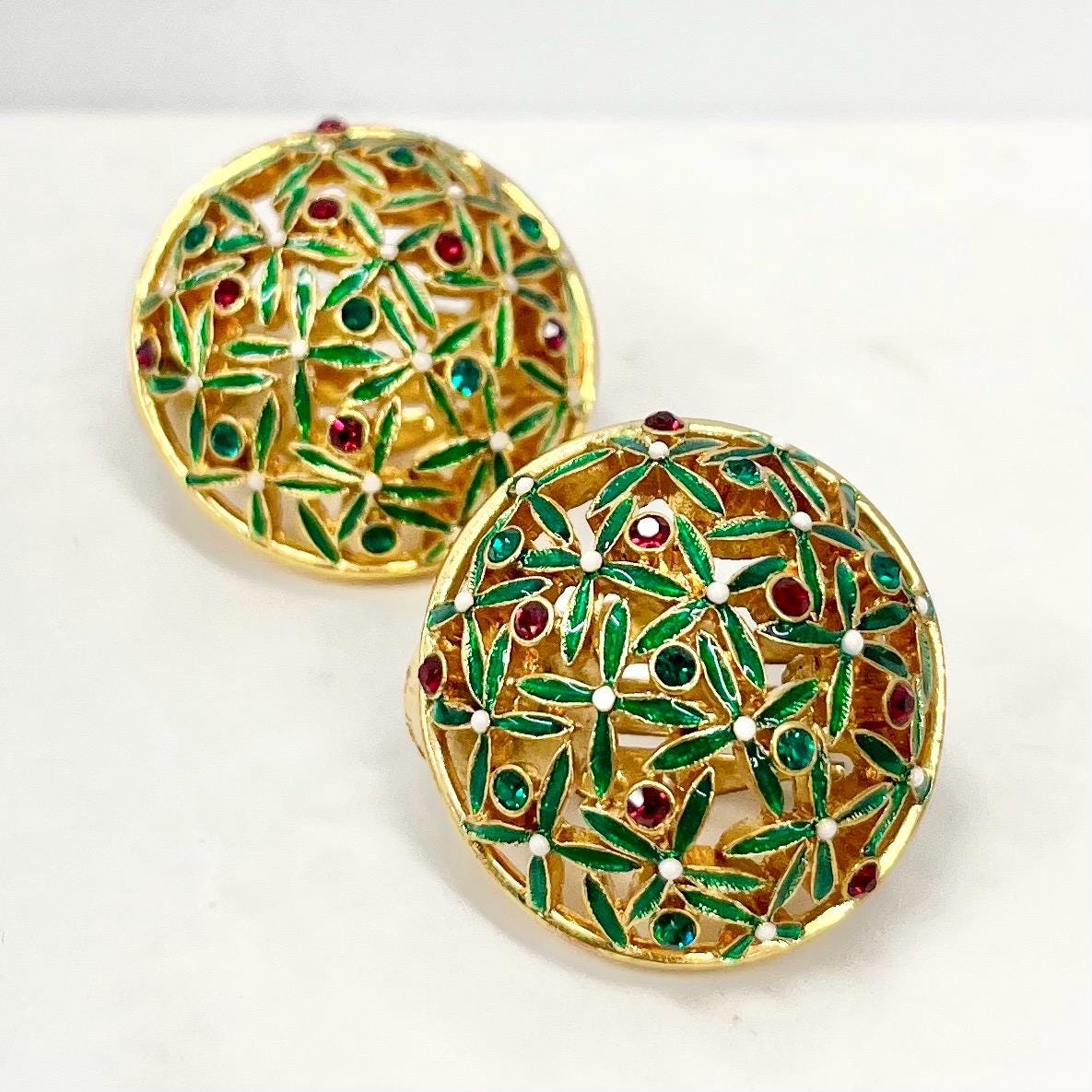 Vintage Joan Rivers Enamel & Crystal Round Clip On Earrings Gold Plated Christmas Colours MillyOliverVintage