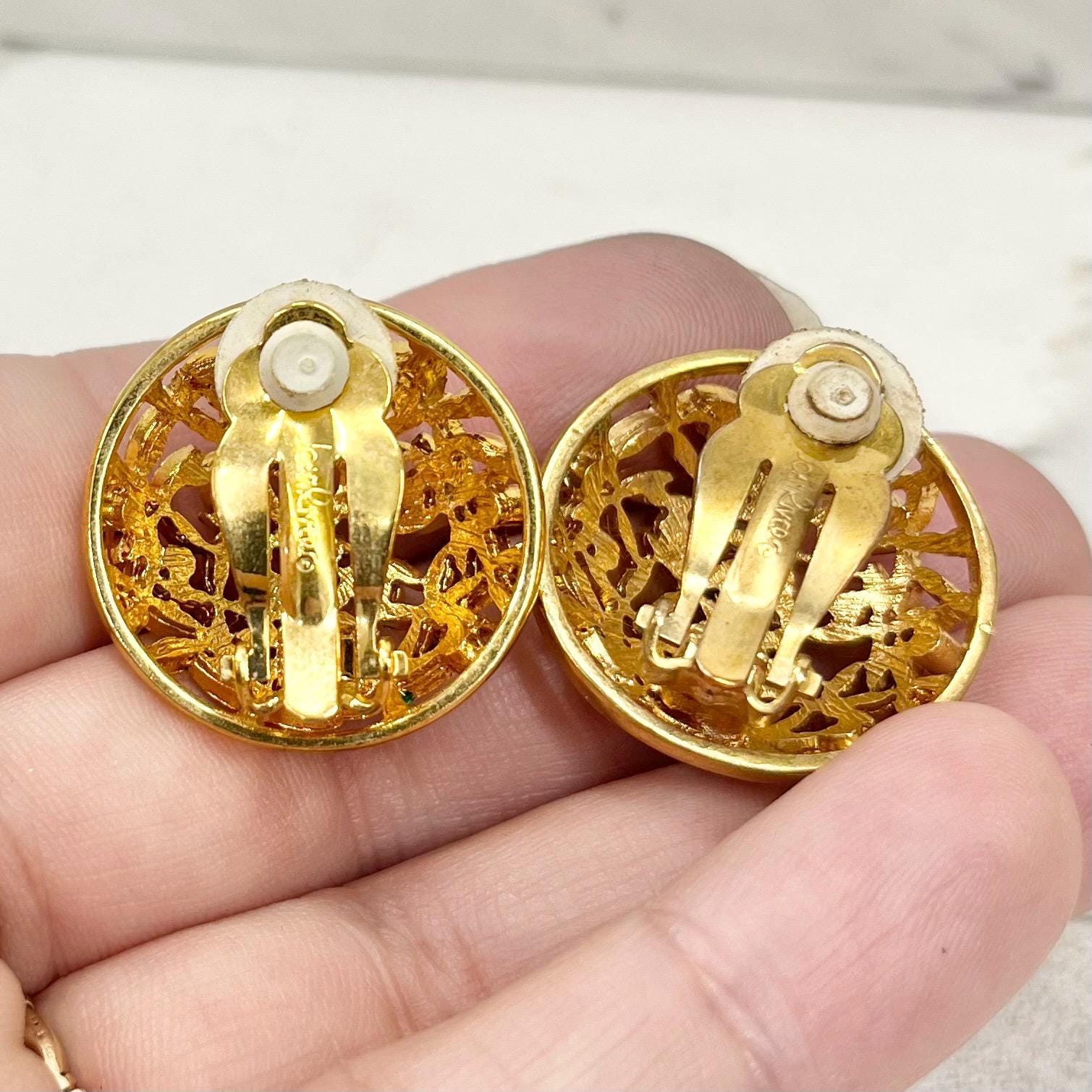 Vintage Joan Rivers Enamel & Crystal Round Clip On Earrings Gold Plated Christmas Colours MillyOliverVintage