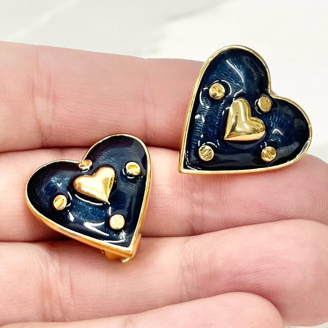 Vintage Navy Enamel Heart Shaped Clip On Earrings Gold Plated MillyOliverVintage