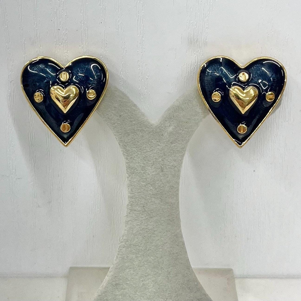 Vintage Navy Enamel Heart Shaped Clip On Earrings Gold Plated MillyOliverVintage