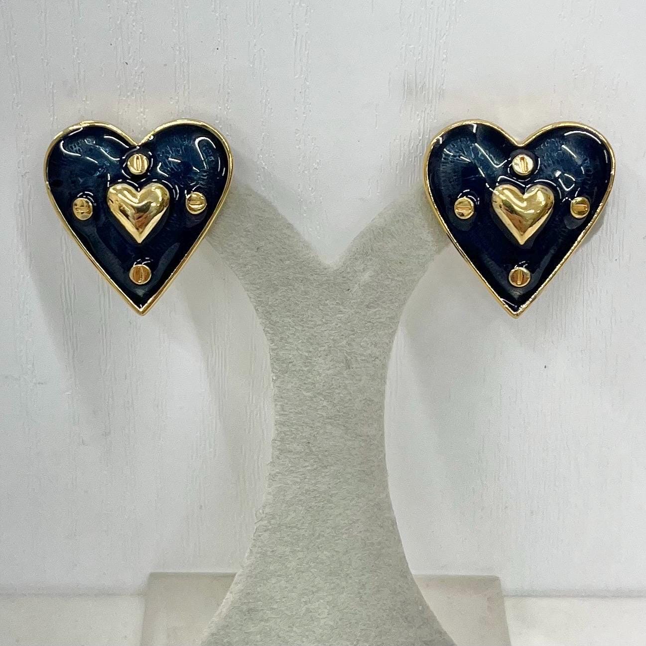 Vintage Navy Enamel Heart Shaped Clip On Earrings Gold Plated MillyOliverVintage