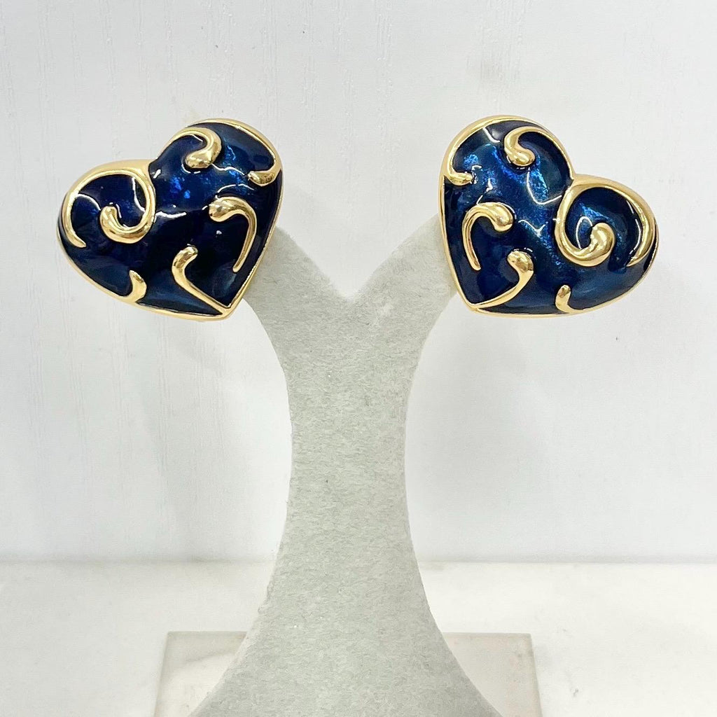 Vintage D’Orlan Navy Enamel Heart Shaped Clip On Earrings Gold Plated MillyOliverVintage