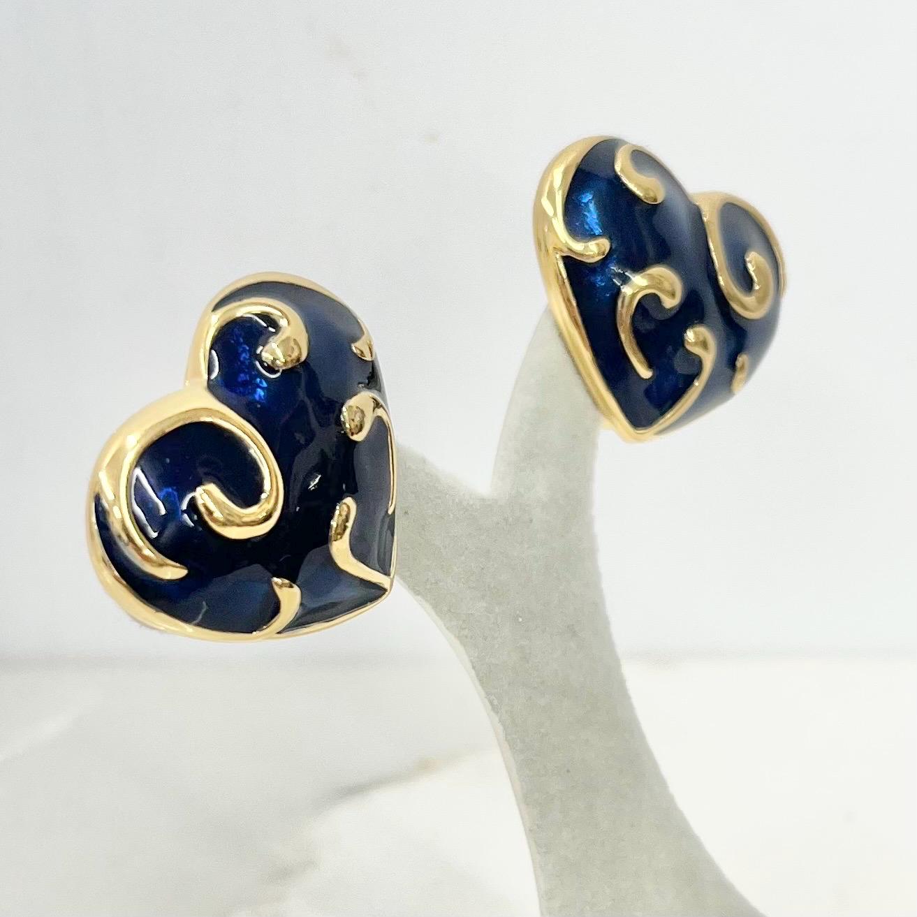 Vintage D’Orlan Navy Enamel Heart Shaped Clip On Earrings Gold Plated MillyOliverVintage