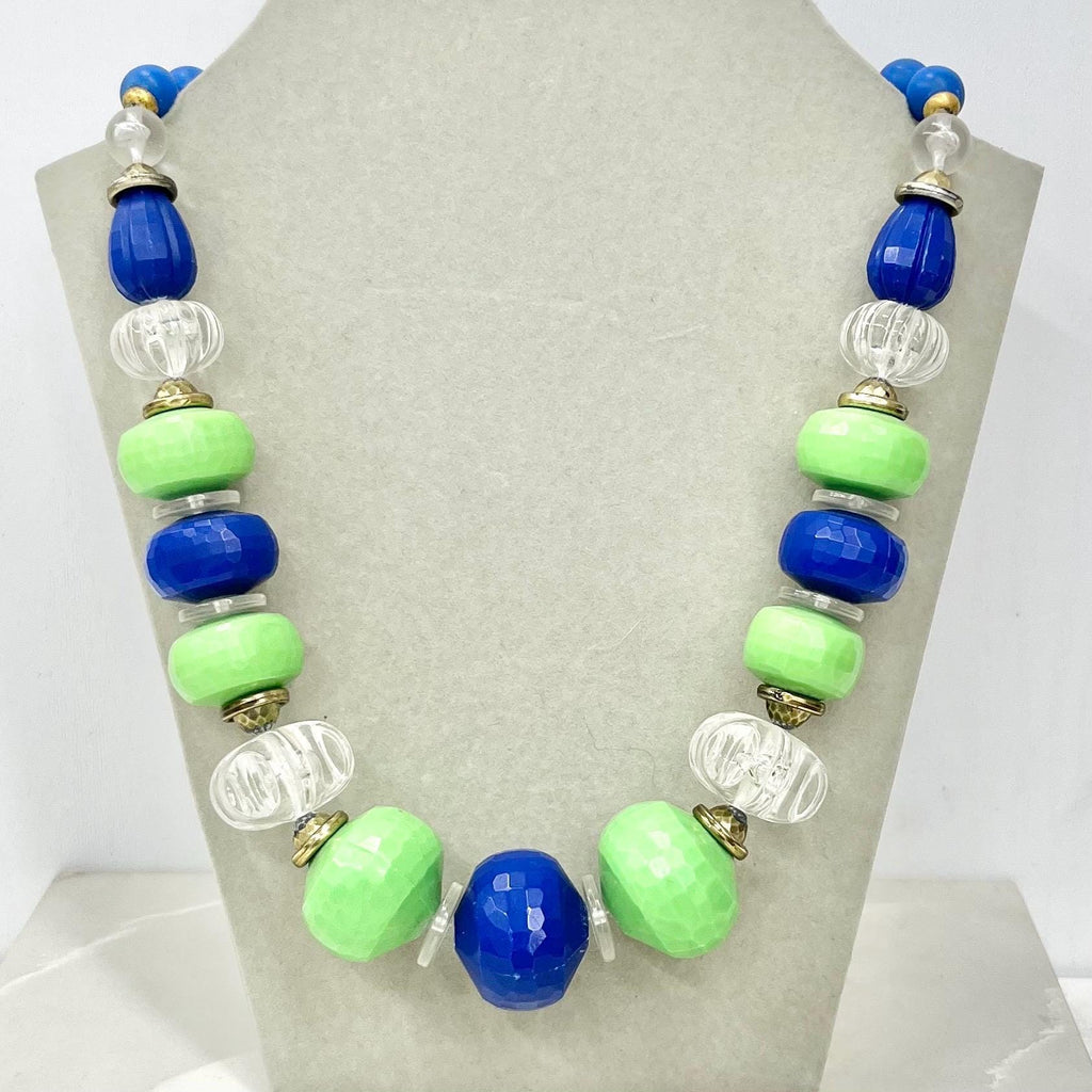 Vintage Fantastic Plastic Green Blue & Clear Chunky Beaded Necklace 20” Long MillyOliverVintage
