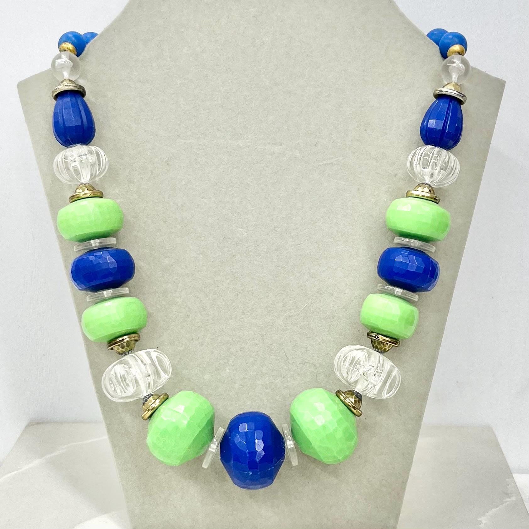 Vintage Fantastic Plastic Green Blue & Clear Chunky Beaded Necklace 20” Long MillyOliverVintage