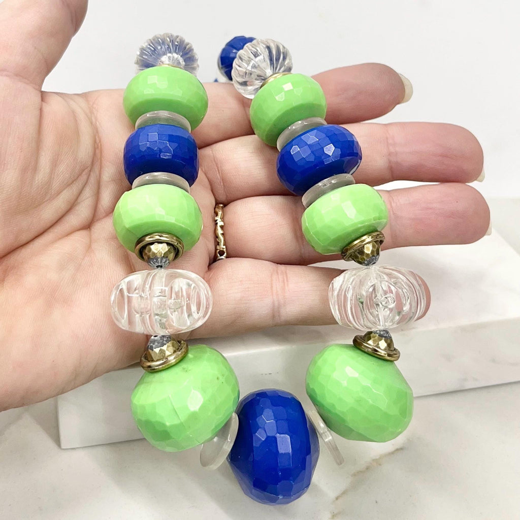 Vintage Fantastic Plastic Green Blue & Clear Chunky Beaded Necklace 20” Long MillyOliverVintage