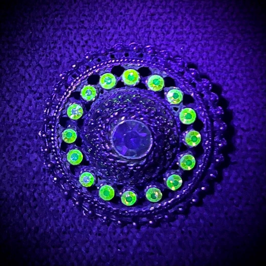 Vintage Aurora Borealis Green Uranium Glass Crystal Round Brooch Gold Tone with a UV Reactive Glow UV Jewellery Vintage MillyOliverVintage