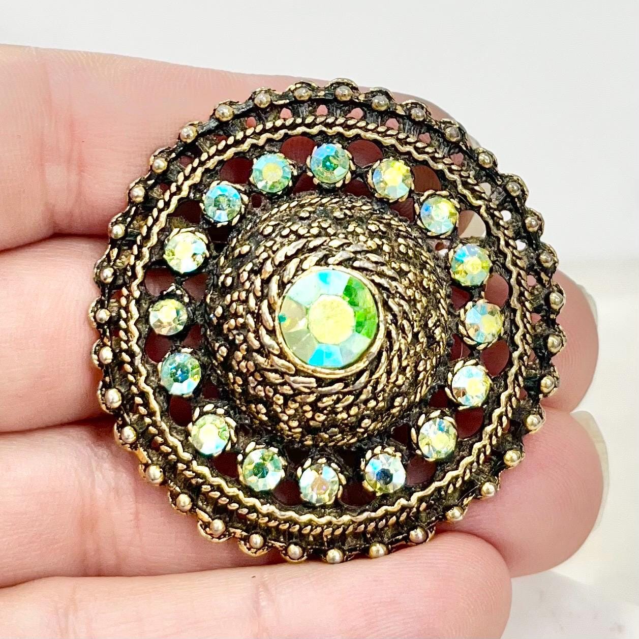 Vintage Aurora Borealis Green Uranium Glass Crystal Round Brooch Gold Tone with a UV Reactive Glow UV Jewellery Vintage MillyOliverVintage