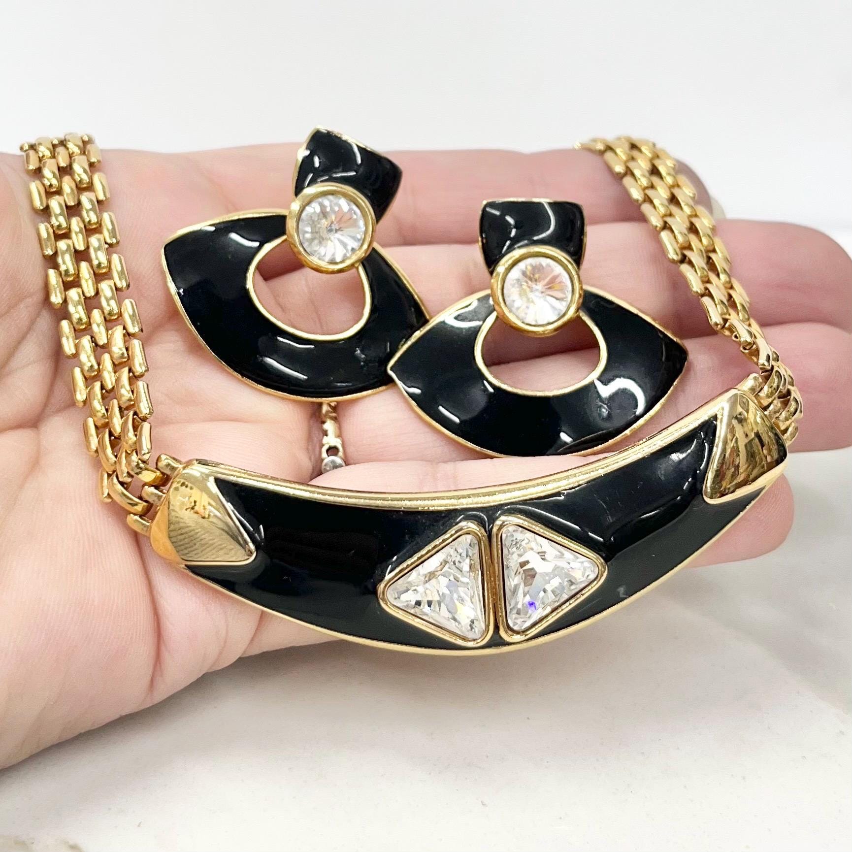 Vintage Gold Plated Flat Chain Necklace 16” & Earrings Set with Black Enamel and Crystals MillyOliverVintage