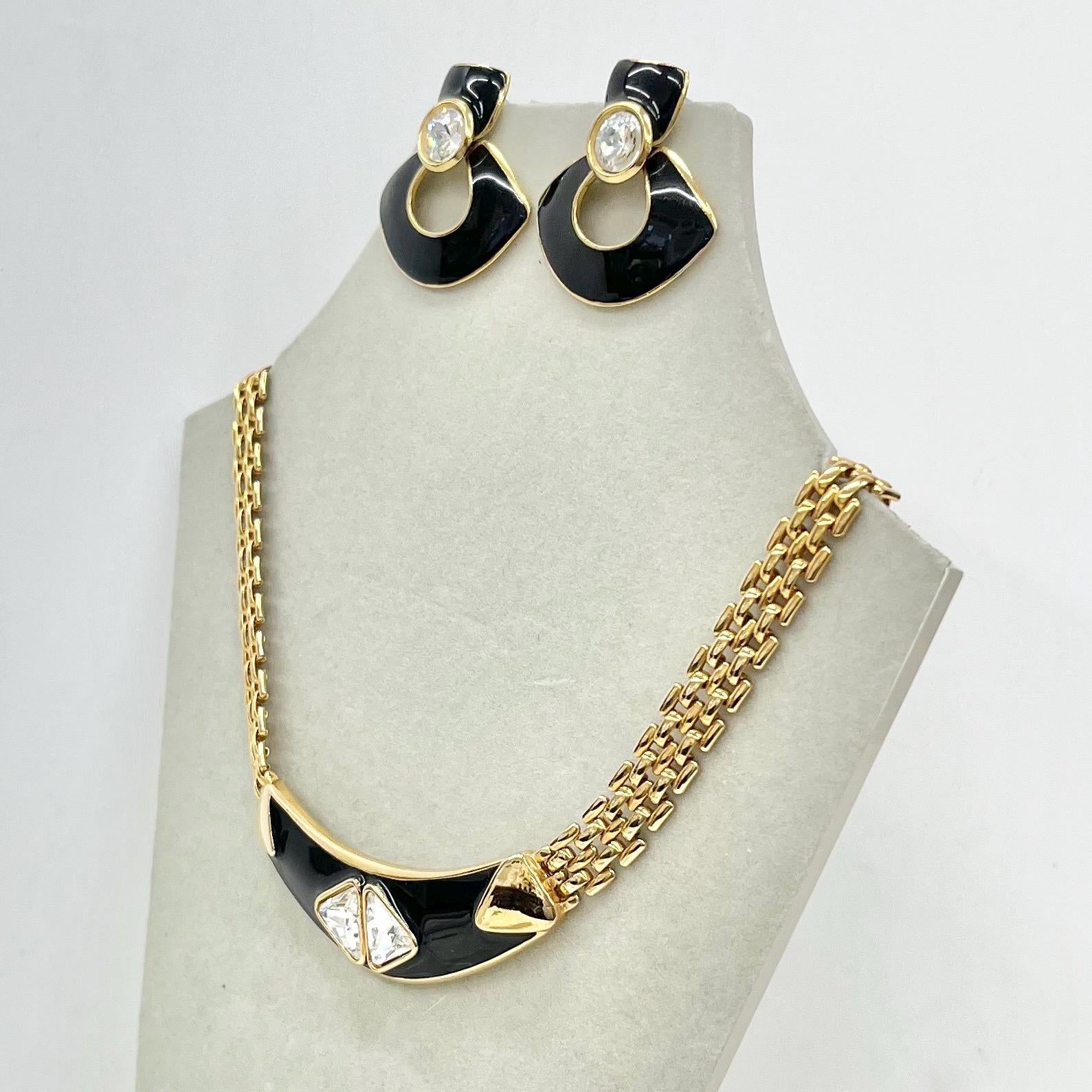 Vintage Gold Plated Flat Chain Necklace 16” & Earrings Set with Black Enamel and Crystals MillyOliverVintage