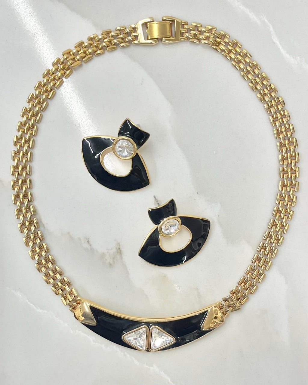 Vintage Gold Plated Flat Chain Necklace 16” & Earrings Set with Black Enamel and Crystals MillyOliverVintage