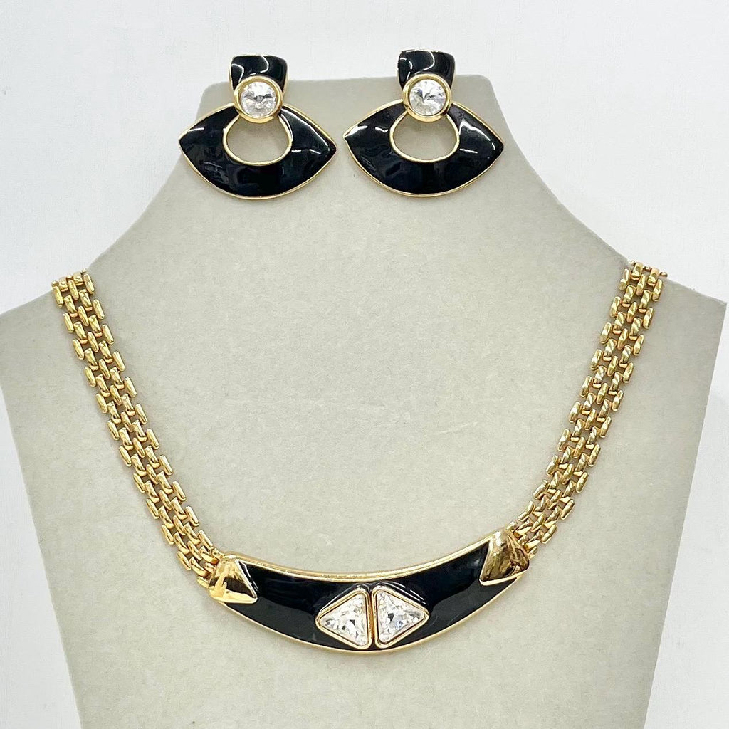 Vintage Gold Plated Flat Chain Necklace 16” & Earrings Set with Black Enamel and Crystals MillyOliverVintage