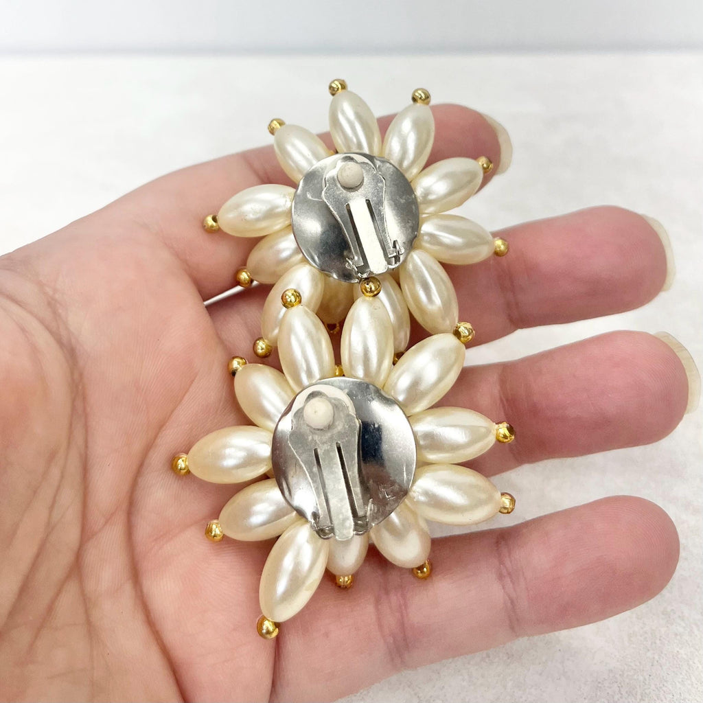 Vintage Faux Cream Pearl Cluster Statement Clip On Earrings with Gold Accents Fabulous Light Weight Oversized MillyOliverVintage