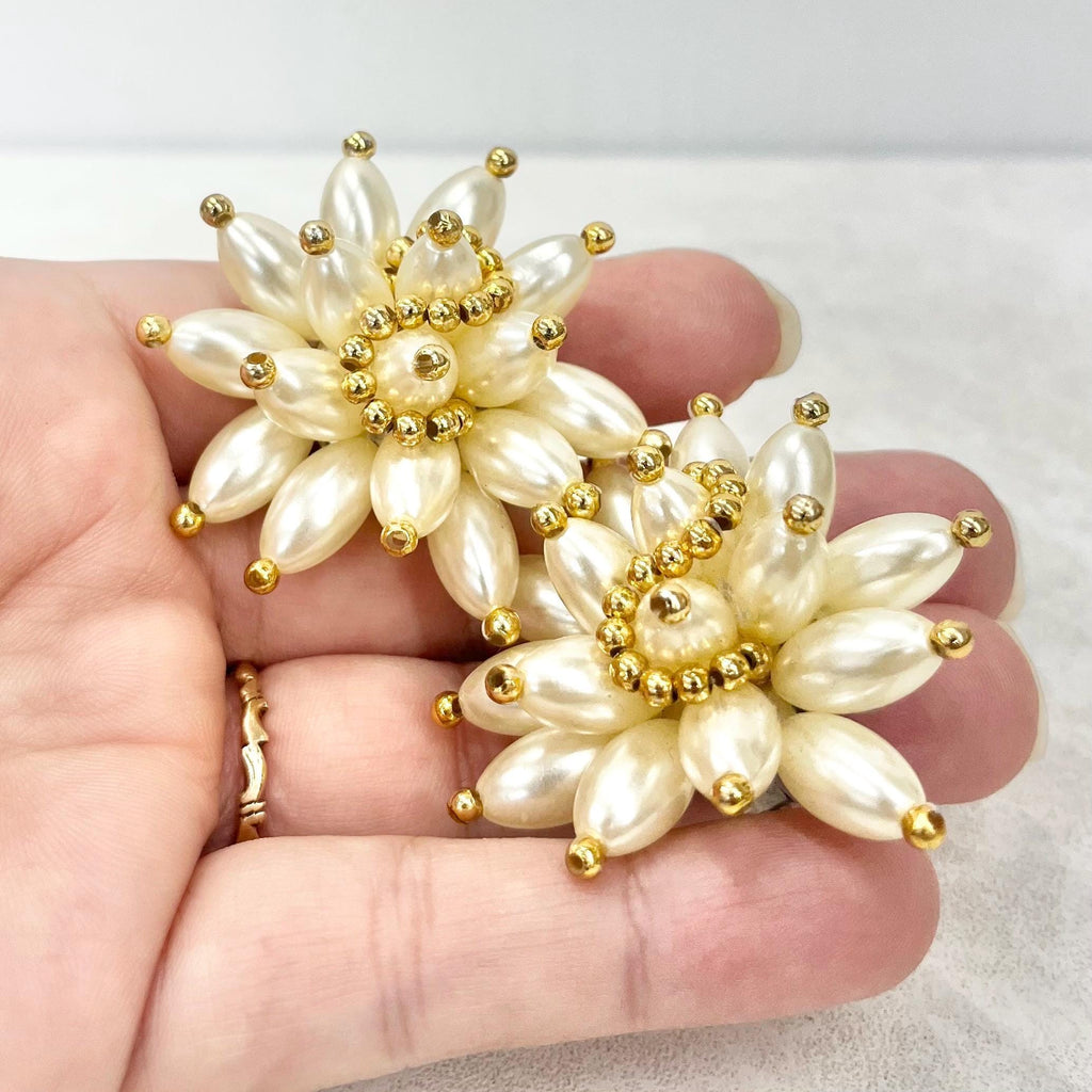 Vintage Faux Cream Pearl Cluster Statement Clip On Earrings with Gold Accents Fabulous Light Weight Oversized MillyOliverVintage