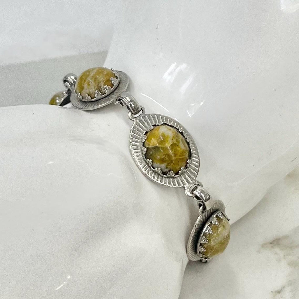 Vintage Silver Tone 1970’s 1980’s Green Agate Cabochon Bracelet Costume Jewellery 7.5” MillyOliverVintage