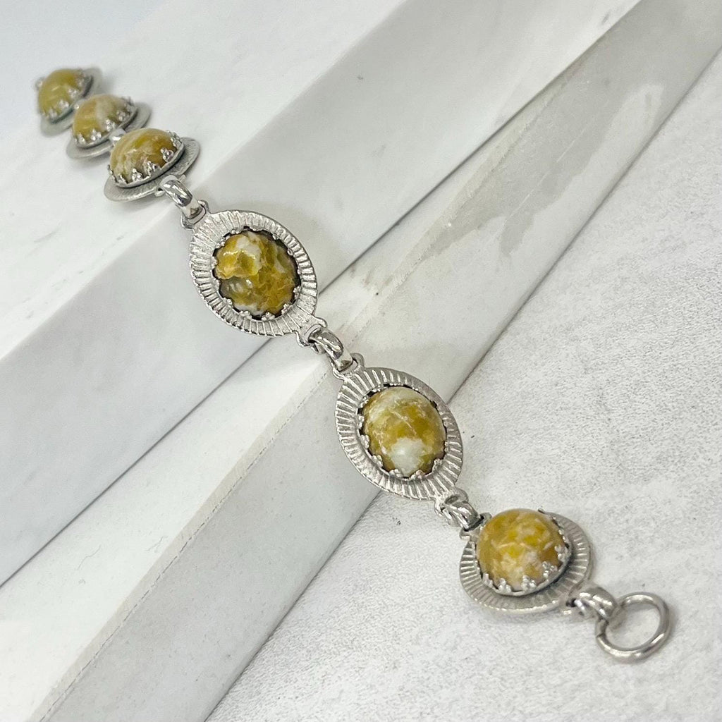 Vintage Silver Tone 1970’s 1980’s Green Agate Cabochon Bracelet Costume Jewellery 7.5” MillyOliverVintage