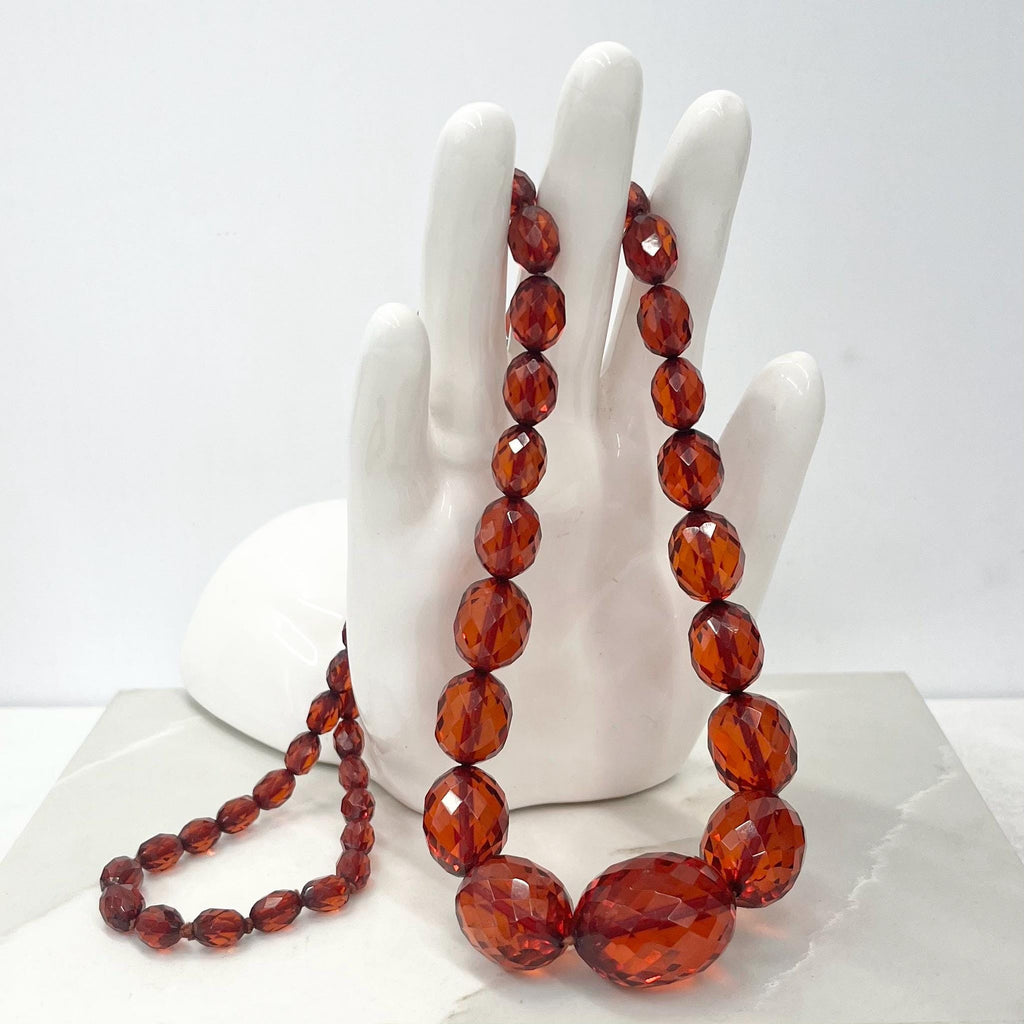 Antique Art Deco Faceted Cherry Amber Bakelite Bead Necklace 30” Long MillyOliverVintage