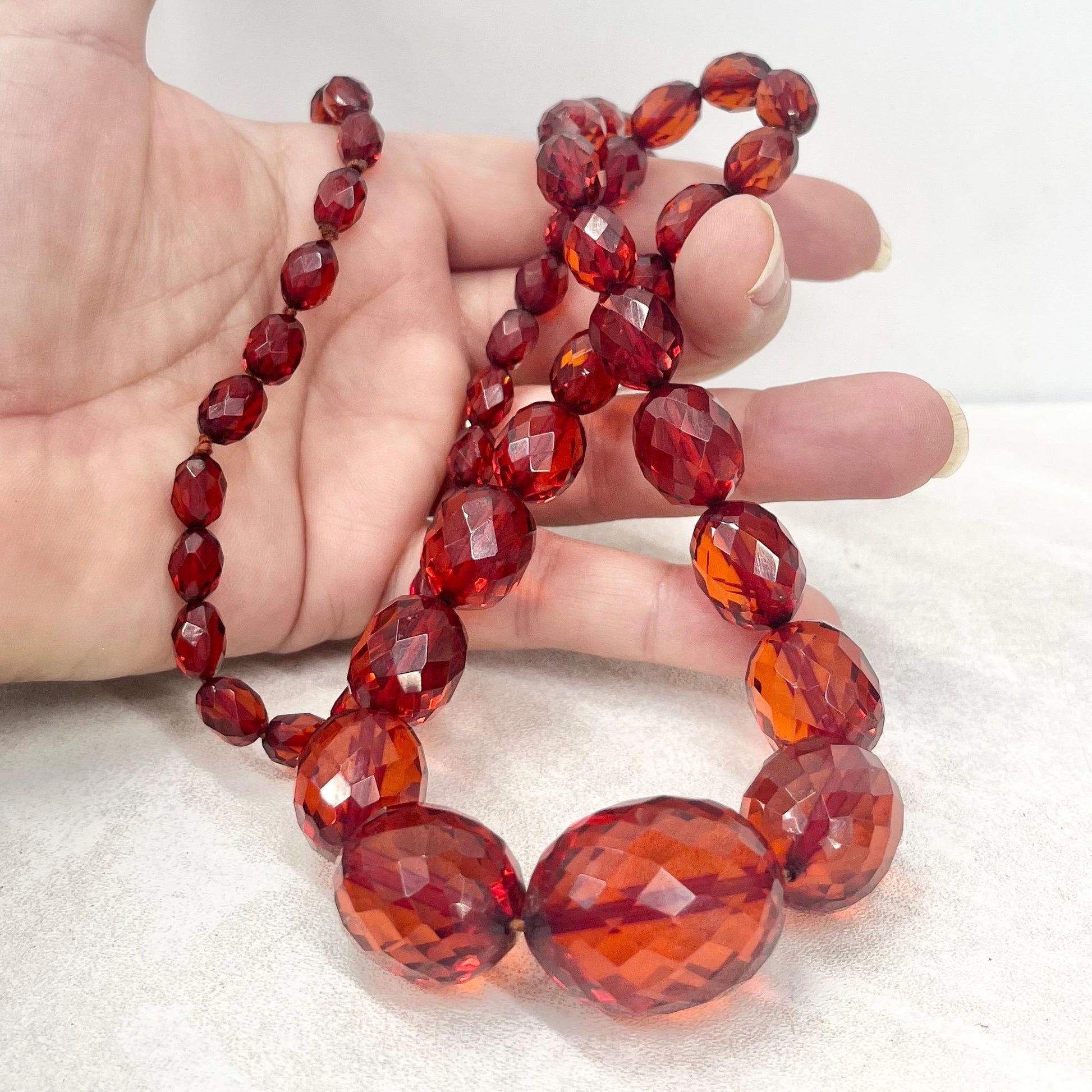 Antique Art Deco Faceted Cherry Amber Bakelite Bead Necklace 30” Long MillyOliverVintage