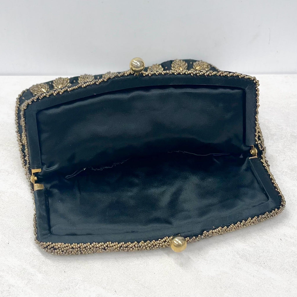 Vintage Black & Gold Beaded Zardozi Evening Clutch Bag Made in Hong Kong MillyOliverVintage