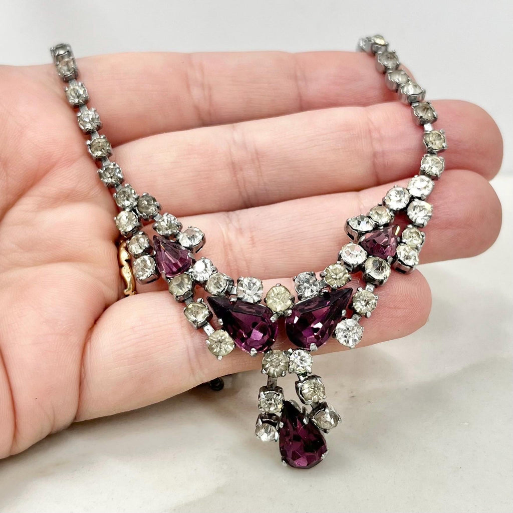 Vintage Amethyst Purple Crystal Drop Diamante Necklace MillyOliverVintage