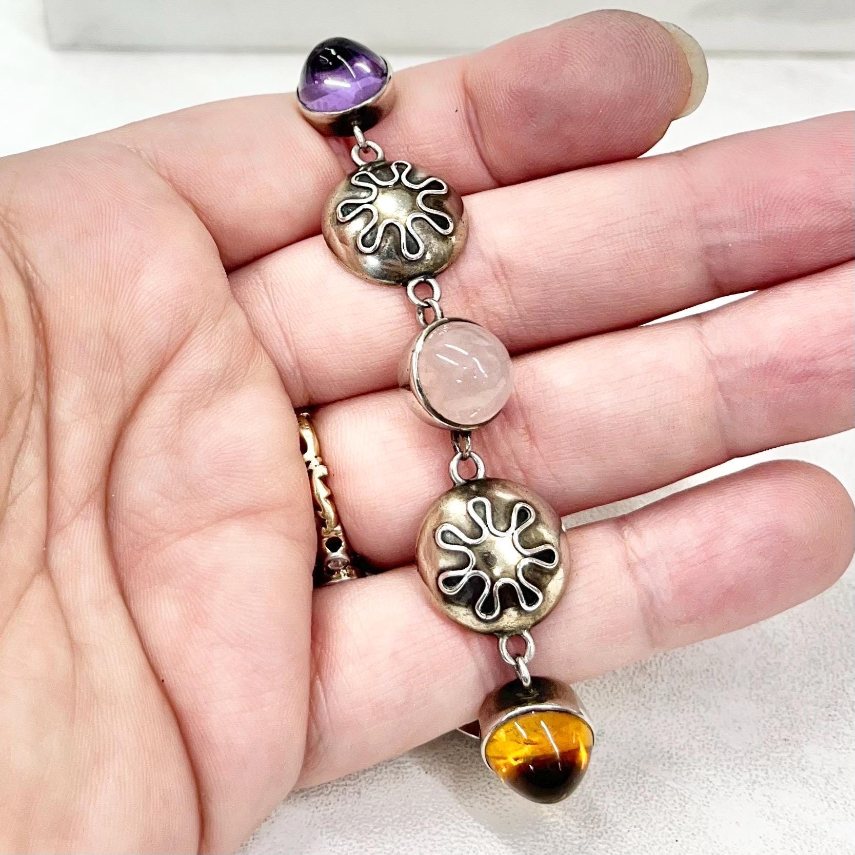 Antique Vintage 835 Sterling Silver Pools Of Light Multi Stone Quartz Bracelet Handarbeit Perli MillyOliverVintage