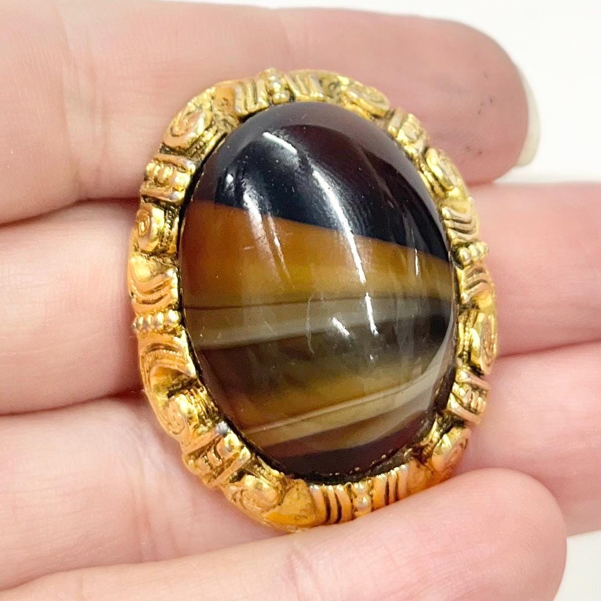Vintage Gold Tone Brown Banded Agate Scarf Clip MillyOliverVintage