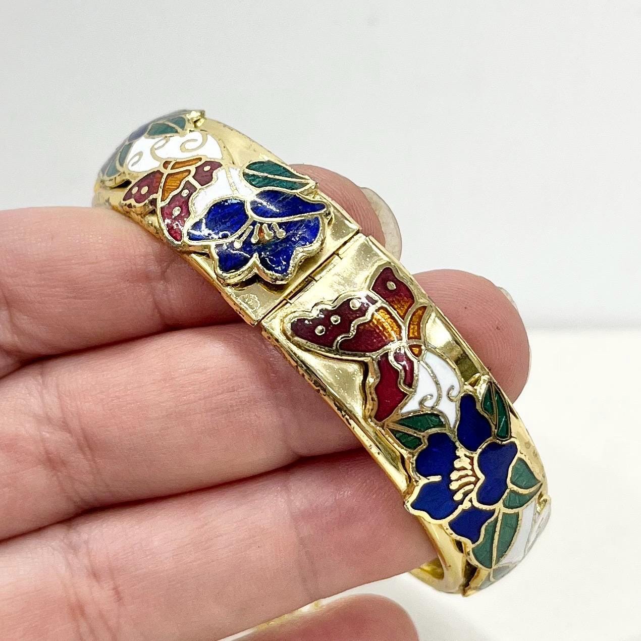 Vintage Gold Plated Floral Cloisonne Enamelled Bangle Hinged with Safety Chain MillyOliverVintage