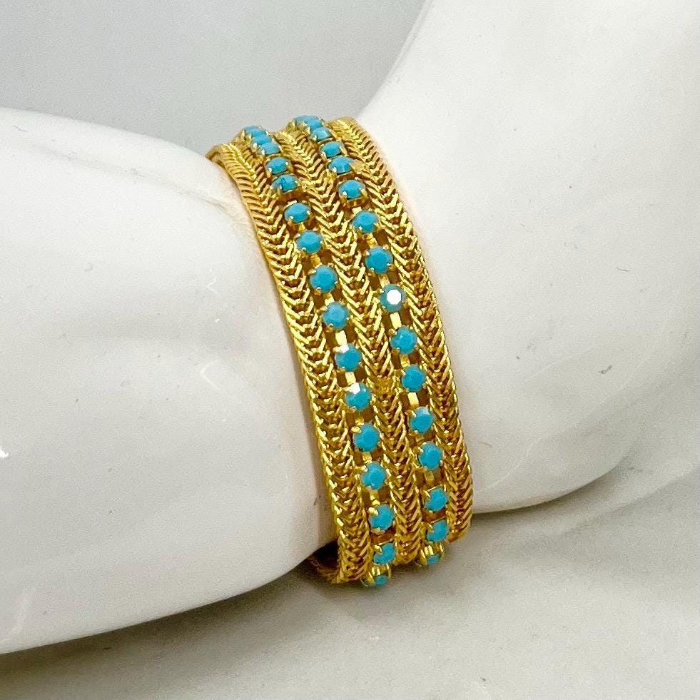 Vintage Gold Plate 1960’s Mesh Link Bracelet with Two Turquoise Diamante Rows MillyOliverVintage