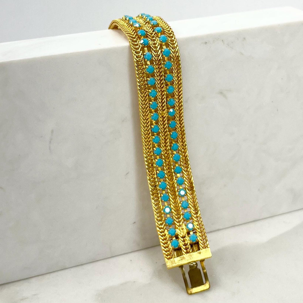 Vintage Gold Plate 1960’s Mesh Link Bracelet with Two Turquoise Diamante Rows MillyOliverVintage