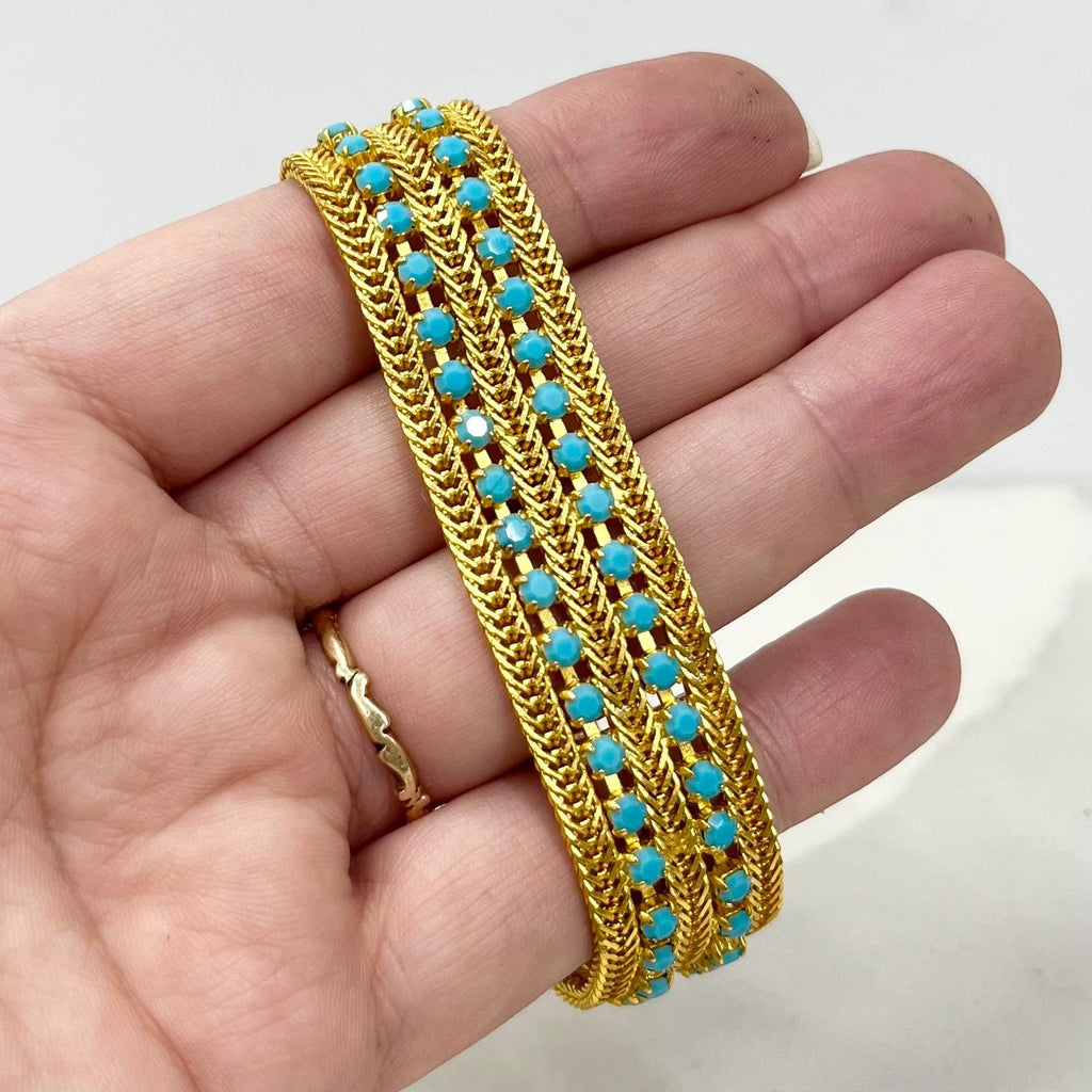 Vintage Gold Plate 1960’s Mesh Link Bracelet with Two Turquoise Diamante Rows MillyOliverVintage