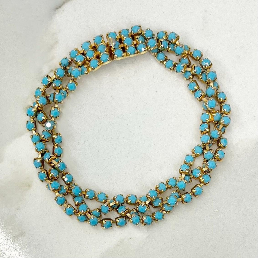Vintage Gold Plate 1980’s Plaited Bracelet with Turquoise Diamante Rhinestones MillyOliverVintage
