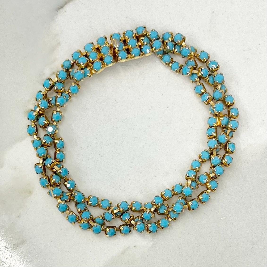 Vintage Gold Plate 1980’s Plaited Bracelet with Turquoise Diamante Rhinestones MillyOliverVintage