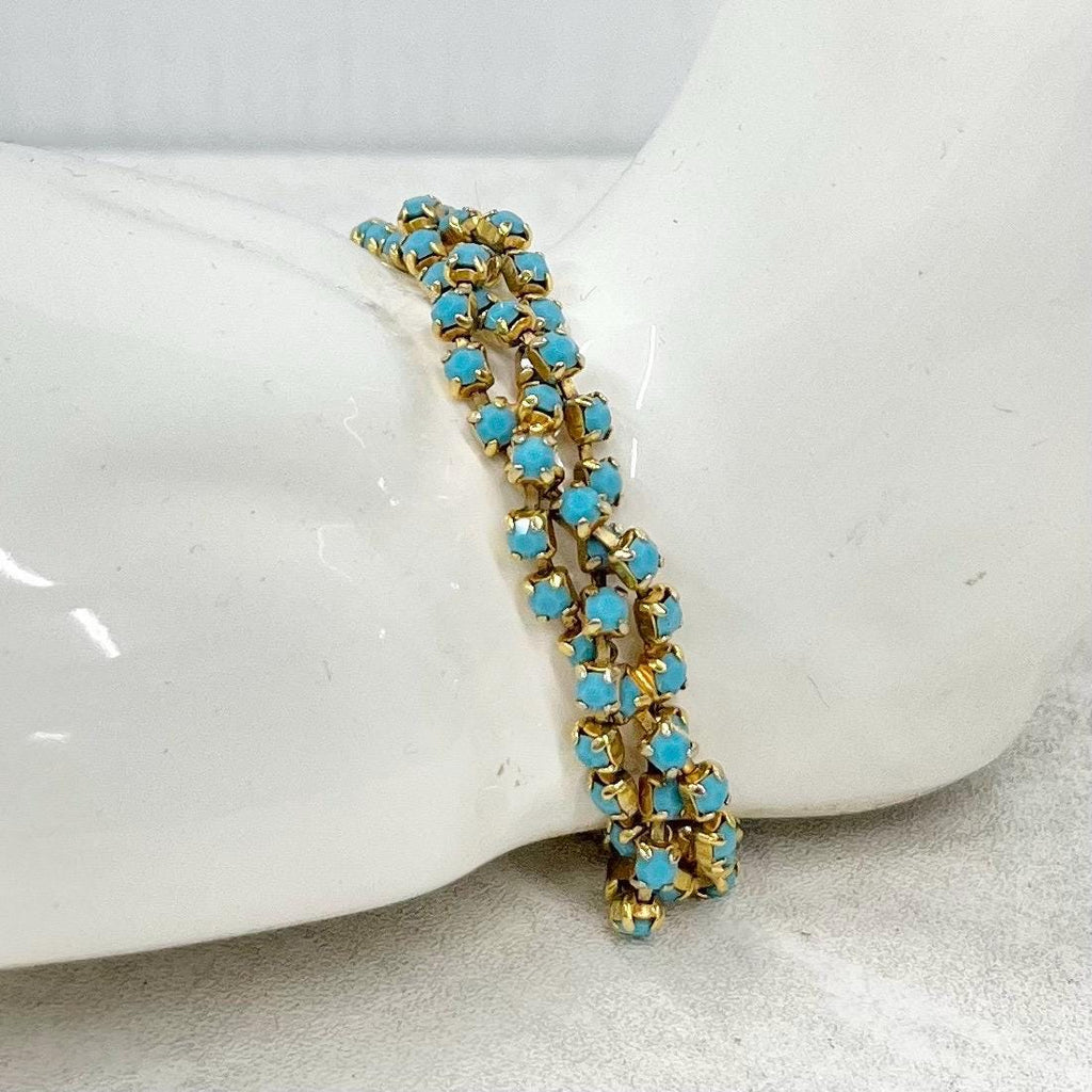 Vintage Gold Plate 1980’s Plaited Bracelet with Turquoise Diamante Rhinestones MillyOliverVintage