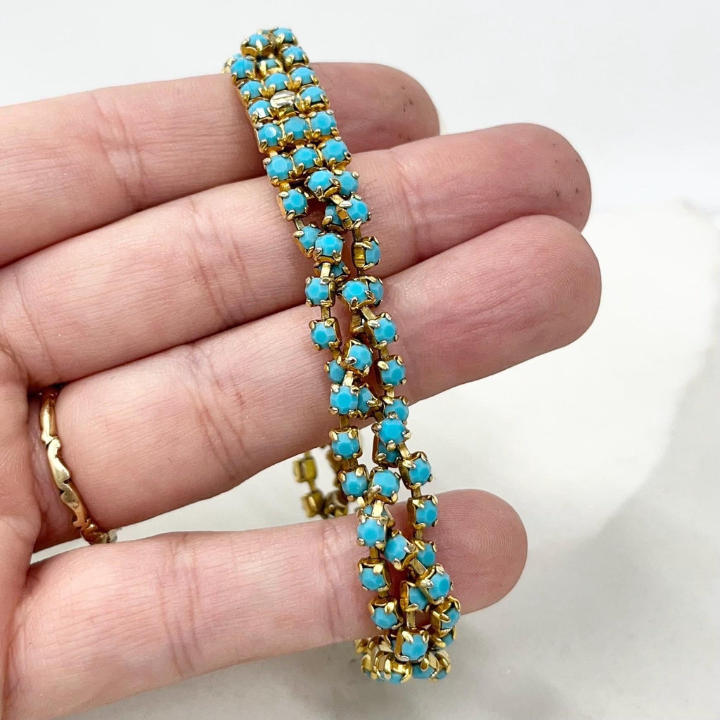 Vintage Gold Plate 1980’s Plaited Bracelet with Turquoise Diamante Rhinestones MillyOliverVintage