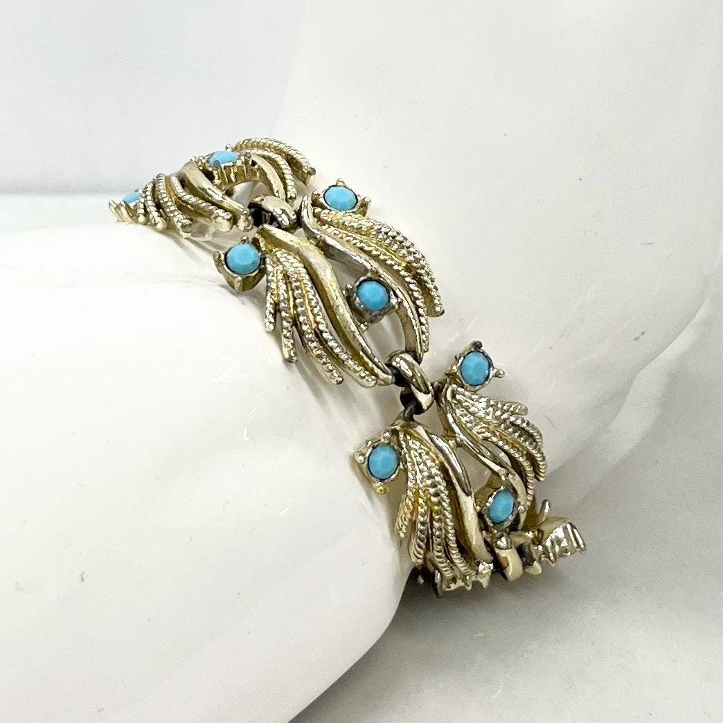 Vintage Jewelcraft Brutalist Gold Plate 1980’s Bracelet with Turquoise Diamante Rhinestones Accents MillyOliverVintage