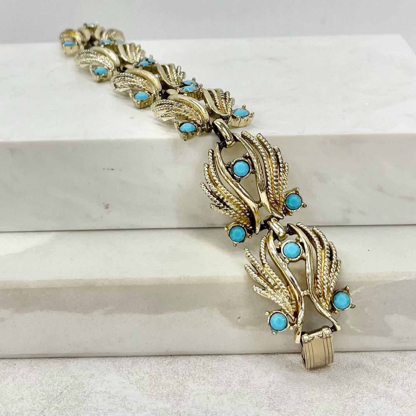 Vintage Jewelcraft Brutalist Gold Plate 1980’s Bracelet with Turquoise Diamante Rhinestones Accents MillyOliverVintage