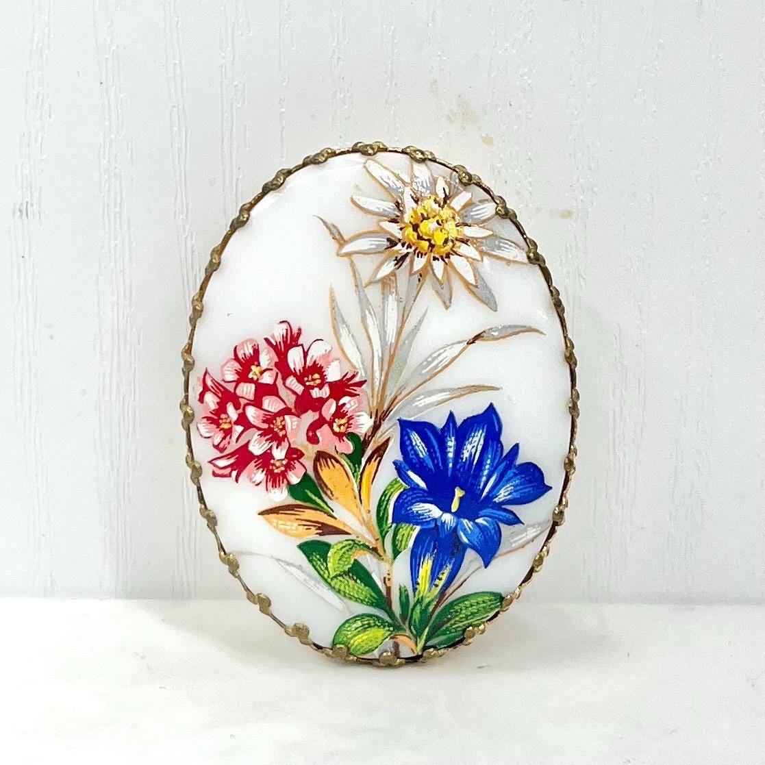 Vintage Gold Tone White Glass Floral Painted Scarf Clip MillyOliverVintage