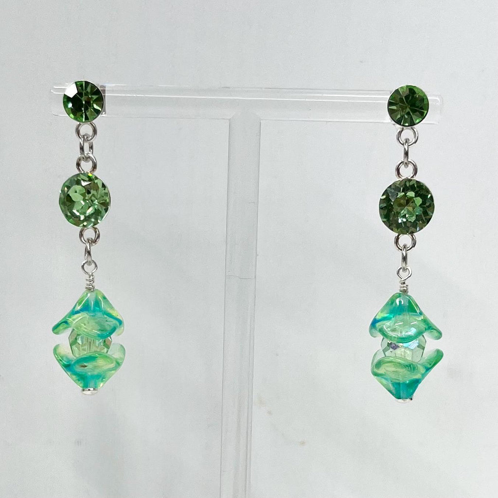 Sterling Silver Yellow & Green Uranium Glass and Crystal Bead Drop Stud Earrings with a UV Reactive Glow UV Jewellery MillyOliverVintage